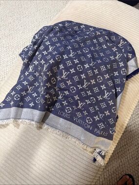 Louis Vuitton silk blend denim on grey oversized scarf